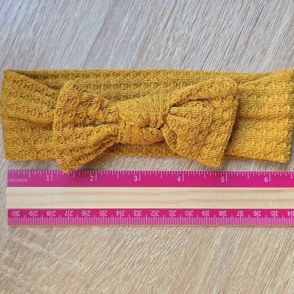 Mustard Yellow Waffle Knit Baby Girl Headband Soft Bow Headwrap Hair Accessory